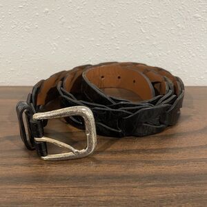 Vintage Cole Haan Black Leather Woven Link Belt Braided Brass Gold Buckle 43”